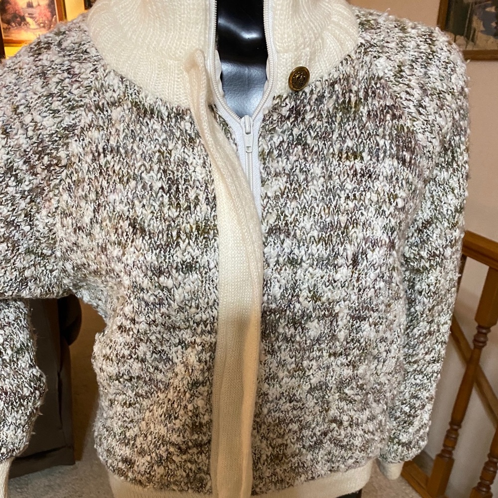 VTG‎ Lindsay Scott Zipper Sweater Jacket Ivory Brwn